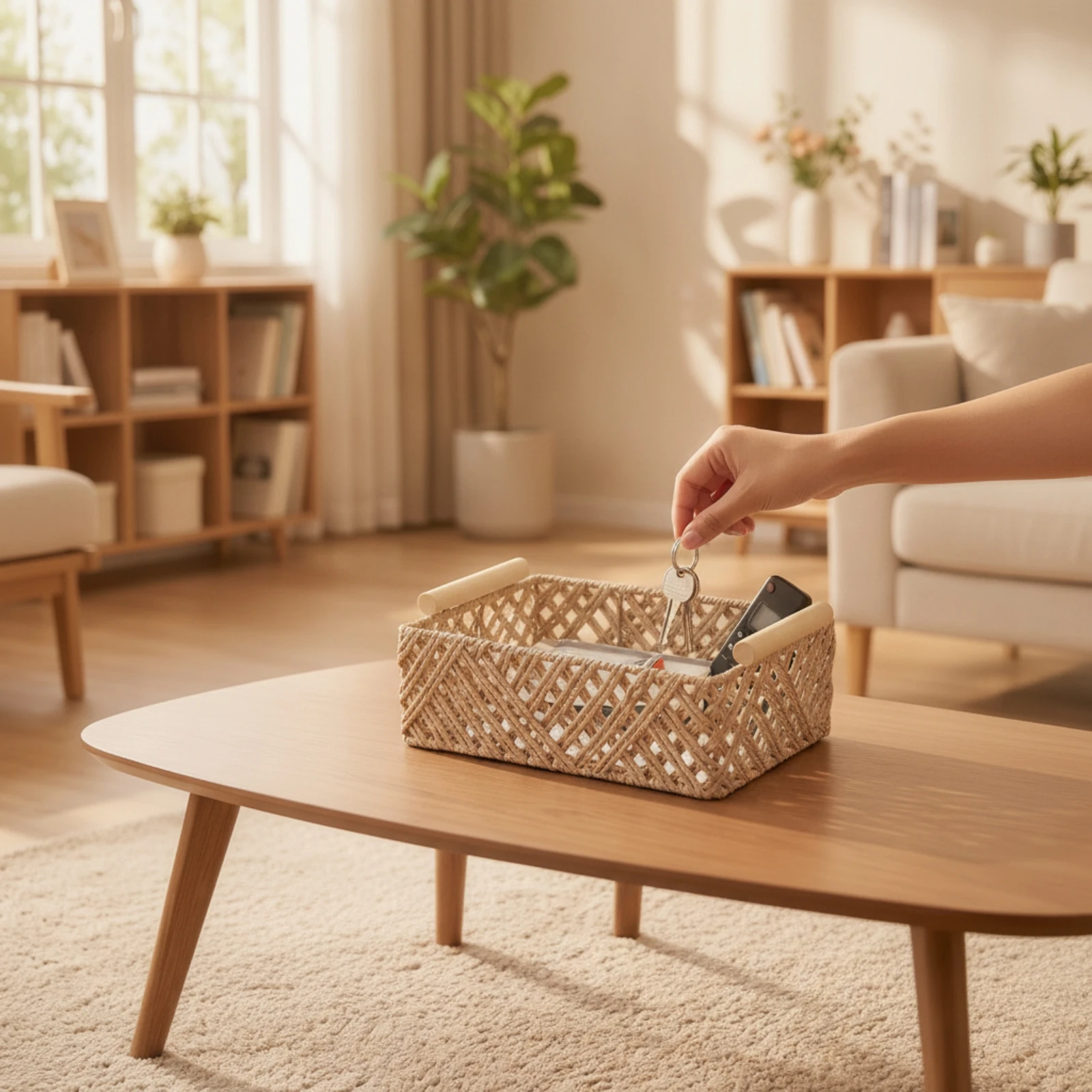 Wicker Basket with Handles Decorative Storage Basket with Handles Handwoven Storage Bin Versatile Portable for Desktop
