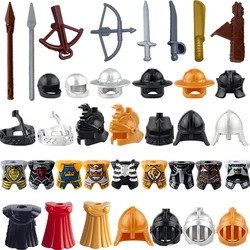 Bloques de construcción MOC, figuras de soldado de caballero Medieval, accesorios de armas, espada, lanza, capa, chaleco, casco, armadura, regalos, juguete, Mini ladrillos