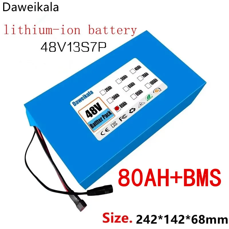 New 48V 80Ah XT60 13S7P lithium-ion battery pack 48V 80000mAh 2000W electric battery, built-in 60A BMS