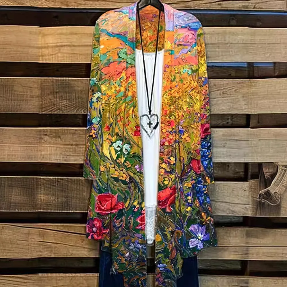 Plus Size Casual Cardigan, Women's Plus Floral Print Long Sleeve Open Front Asymmetric Hem Cardigan