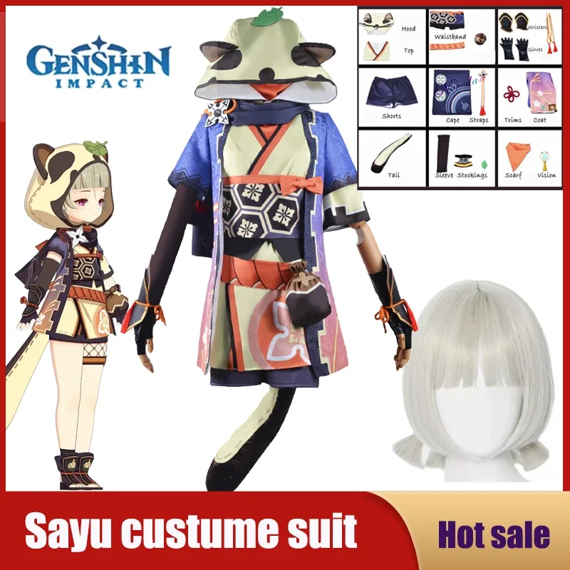 

Anime Genshin Impact Sayu Cosplay Costume Lovely Women Dresses Hat Tail Outfits Wig Full Set for Party Carnival Comic Halloween