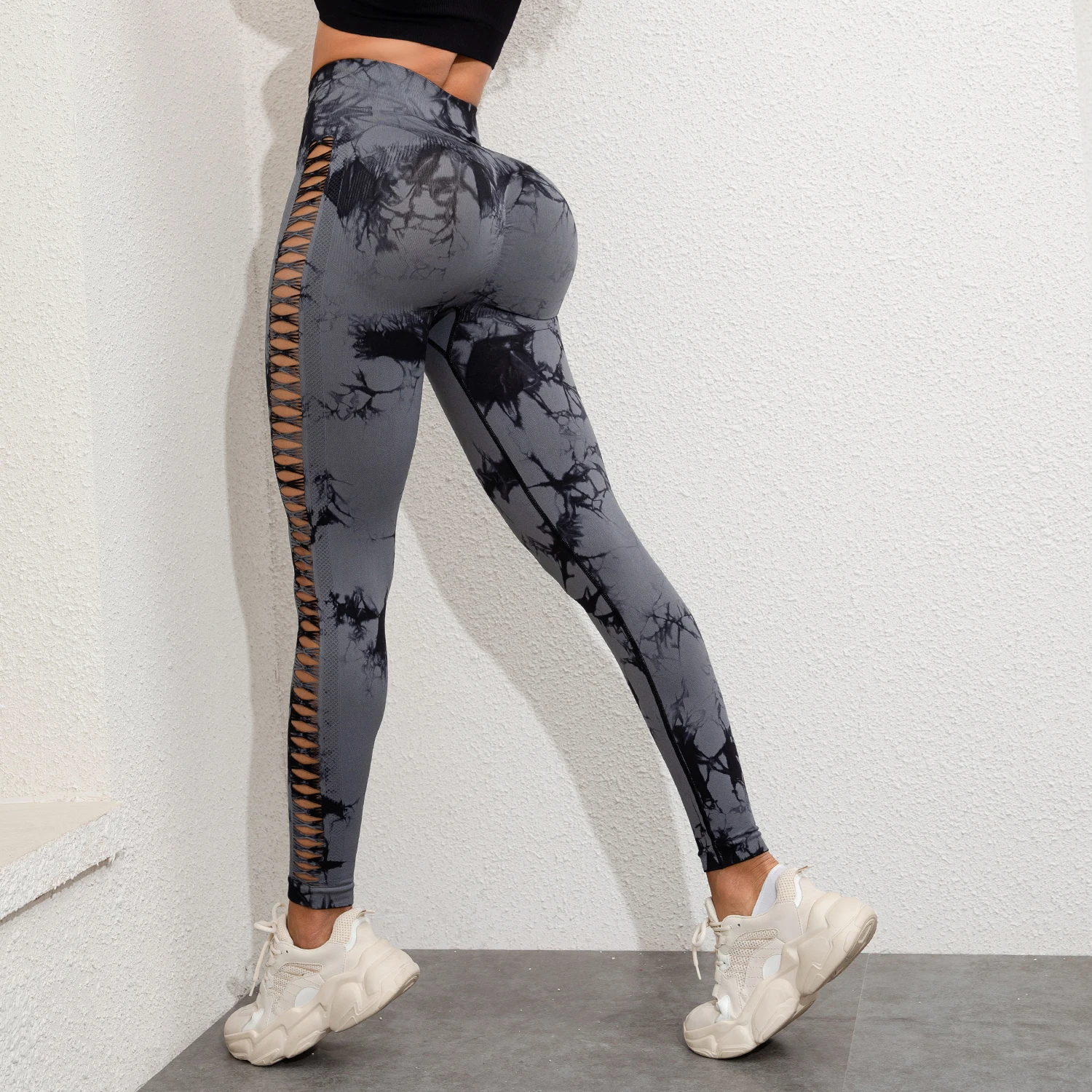 Seksowne Hollow Tie Dye spodnie do jogi damskie bezszwowe podnoszenie pośladków legginsy treningowe siłownia sportowe rajstopy Fitness odzież