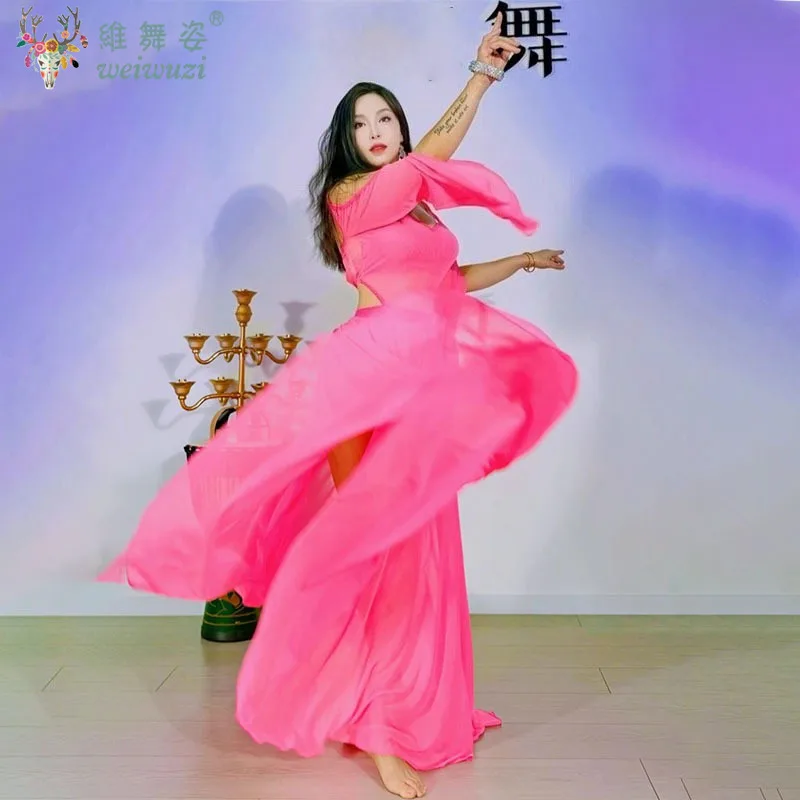 Belly Dance Costume Set for Women Mesh Long Sleeves Top+gauze Long Skirt Training Set Sexy Oriental Belly Dancing Wear Outfit