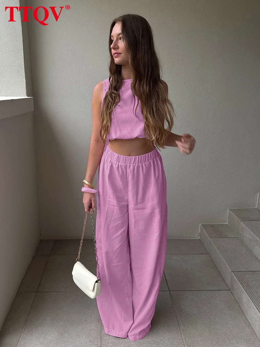 

TTQV Summer Loose Pink Cotton Trousers Sets Woman 2 Pieces Fashion Sleeveless Tank Top With High Waist Wide Pants Set Female