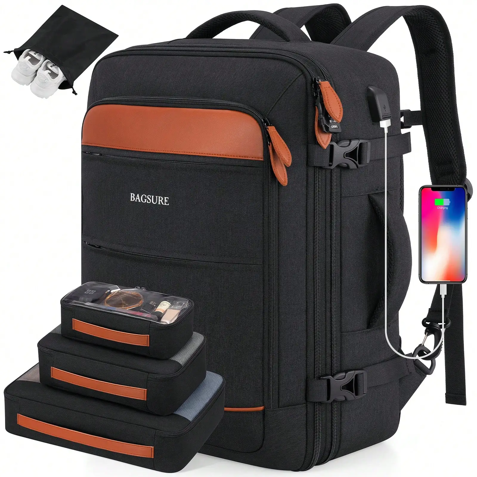 5‑Pcs Travel Carry‑On Backpack Set, 42L Flight Approved Expandable Laptop Backpack With Shoe Pocket & Packing Cubes, Multifunctional Airplane‑Compliant Rucksack, Large Storage Daypack For Business Trip, Weekend Getaway & Outdoor Travel For Men Women