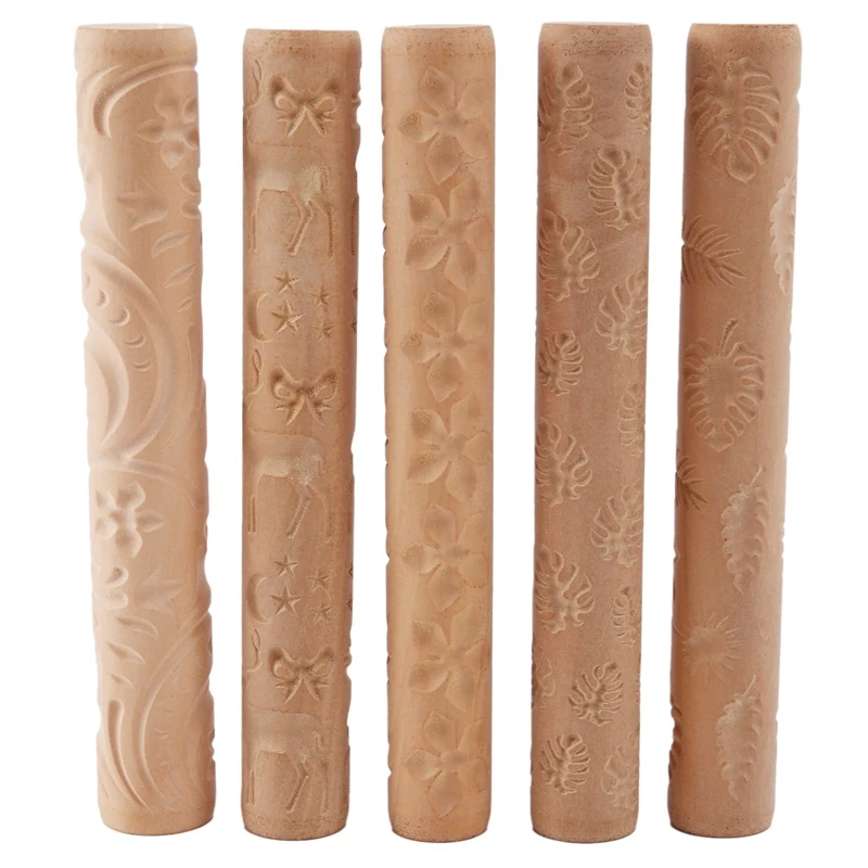 5Pcs Pottery Tools Texture Clay Modeling Pattern Rollers Set Wooden Handle Pottery Tool Kit With 5 Different Patterns