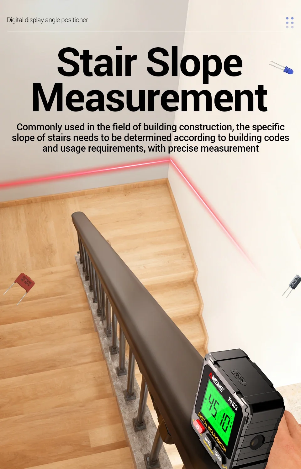 ANENG RN03 Handgehaltener Digitaler Winkelmesser Vierseitiger Magnet Horizontaler Laser Hintergrundbeleuchteter Bildschirm Wiederaufladbares Messgerät – Detail 9