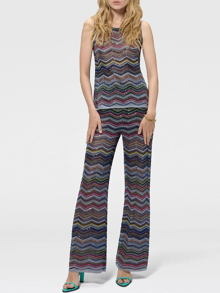 Spring Summer Fashion Zigzag Pattern Knitting Vertical Wide Leg Pants Suit Women's Sleeveless Slim Vest + Elastic Waist Trousers