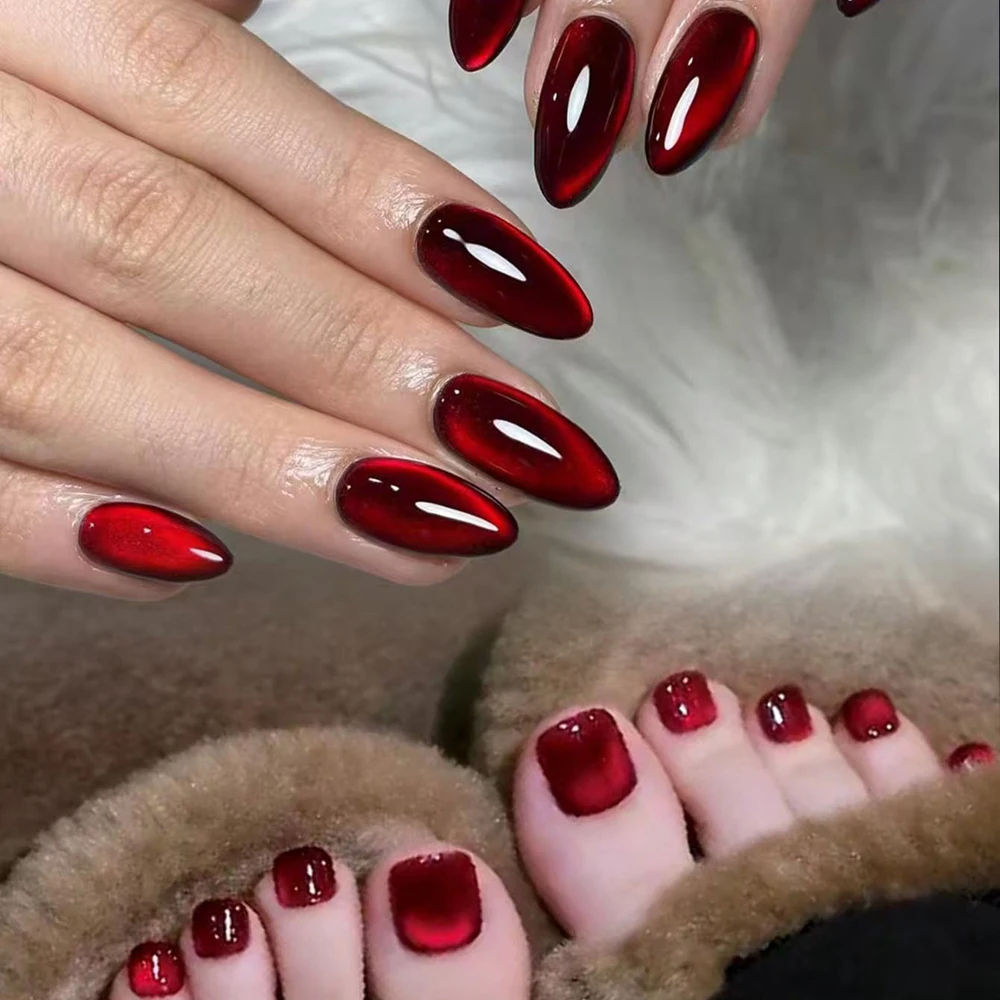 48Pc Wine Red Cat Eye Press On Nails&Toenails Short Almond Nails Sqaure Toenail for Party Festival Wearable False Foot Hand Nail