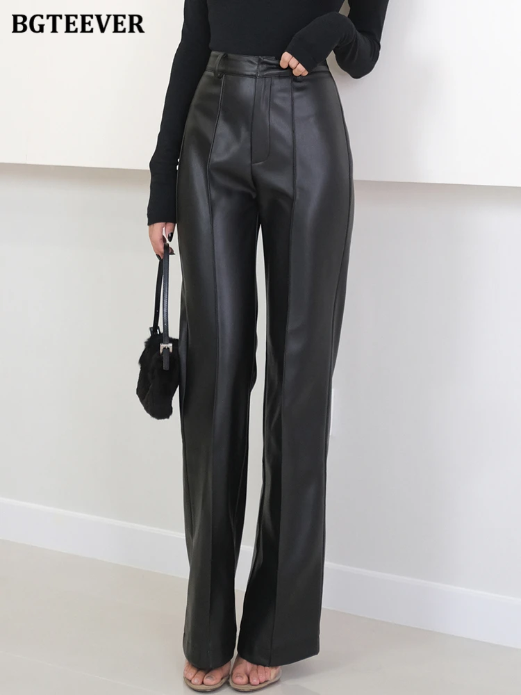 BGTEEVER Chic Loose Female PU Leather Pants 2022 Spring Summer Pantalon High Waist Straight Women Faux Leather Trousers