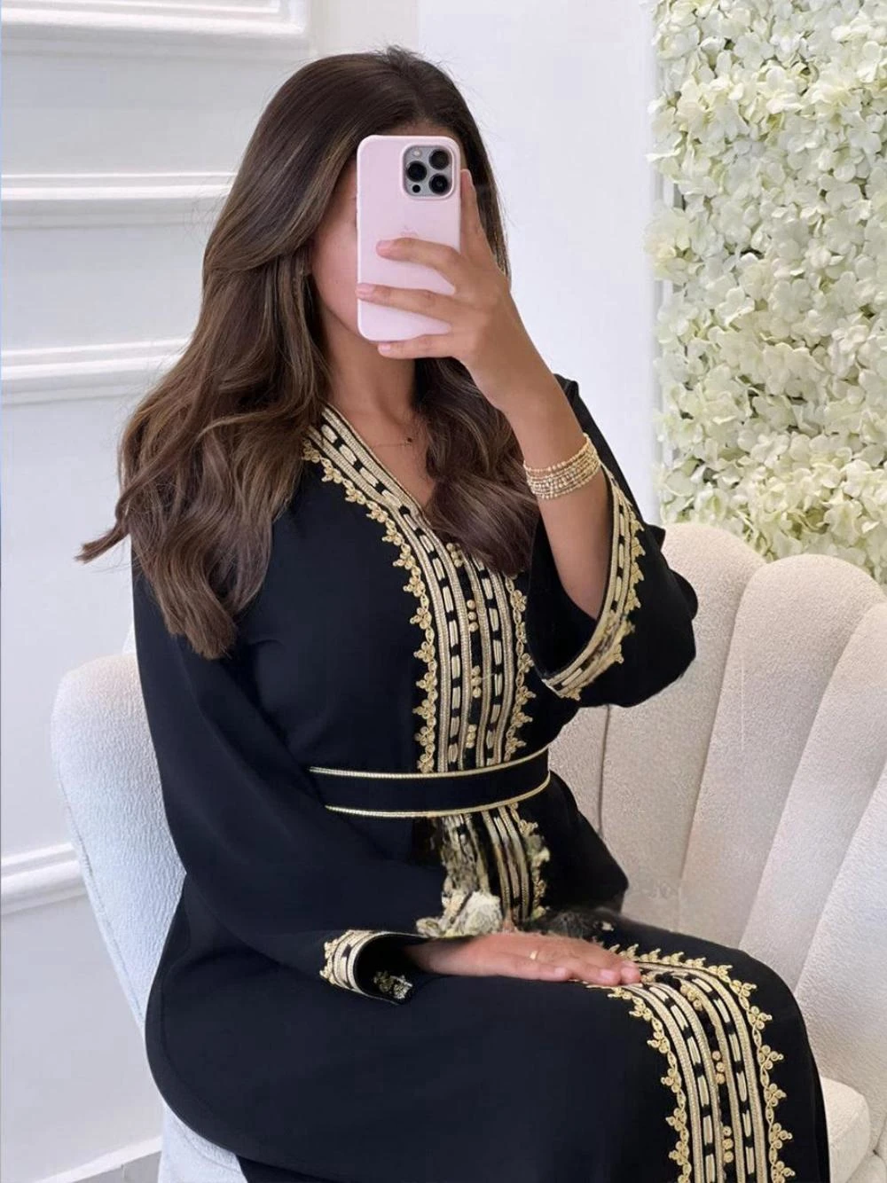 Modest V-neck Long Sleeve Prom Dress Muslim Appliques Belt Cocktail Gown Customized Moroccan Caftan Evening Dress Robe De Mariée