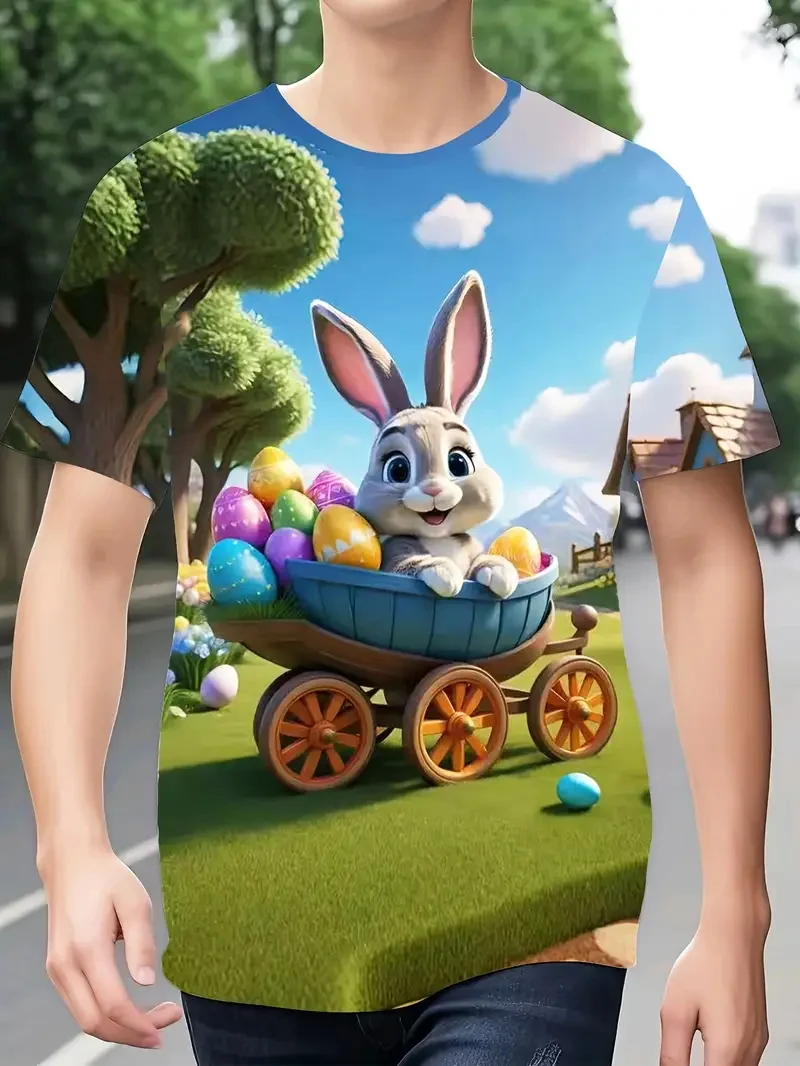 Camiseta de conejito de Pascua para hombre, camisetas con estampado 3D de conejo bonito con huevos, novedad en camisetas de manga corta con cuello redondo