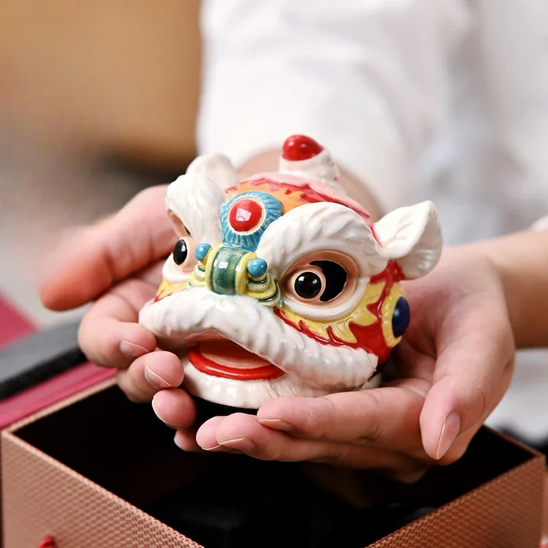 Small Awakening Lion Ornament Dance Lion Head Ceramic Craft New Chinese Living Room Desktop Creative Decoration Home Furnishings