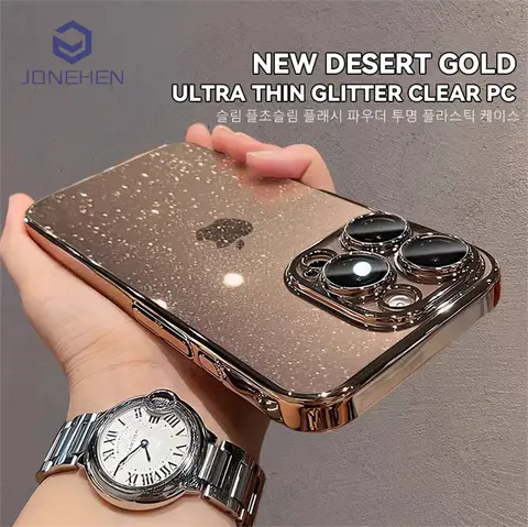 Funda delgada transparente de lujo con purpurina para iPhone 12, 13, 14, Plus, 15, 16, 17 Pro Max, 17p, parachoques dorado galvanizado, cubierta dura para Pc