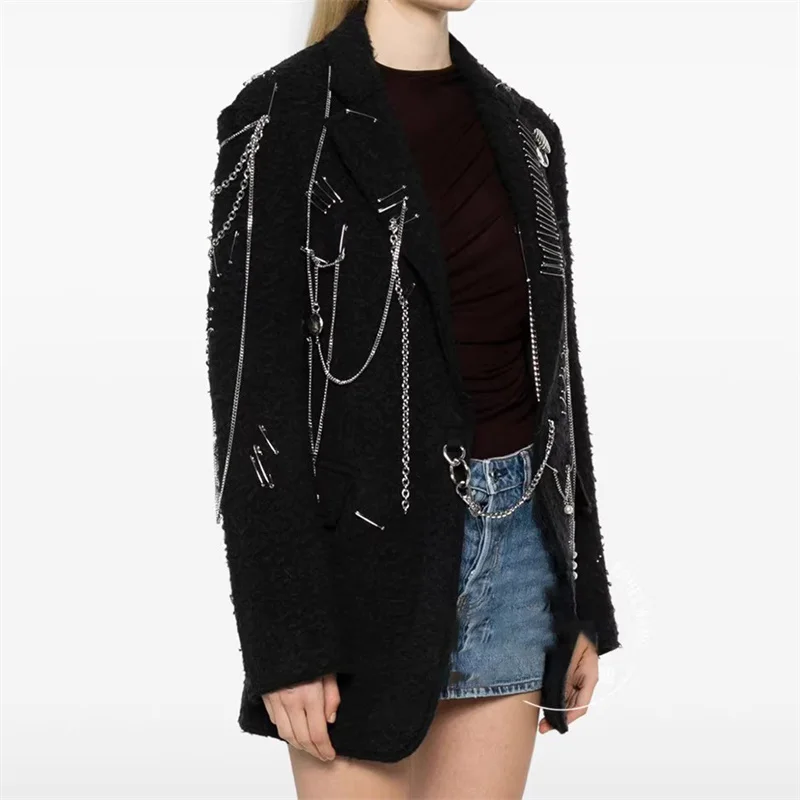 women's blazer 2025 Spring New outerwears Pin chain decoration Women's coats 100% pure wool women's suit jacket fashion Cardigan