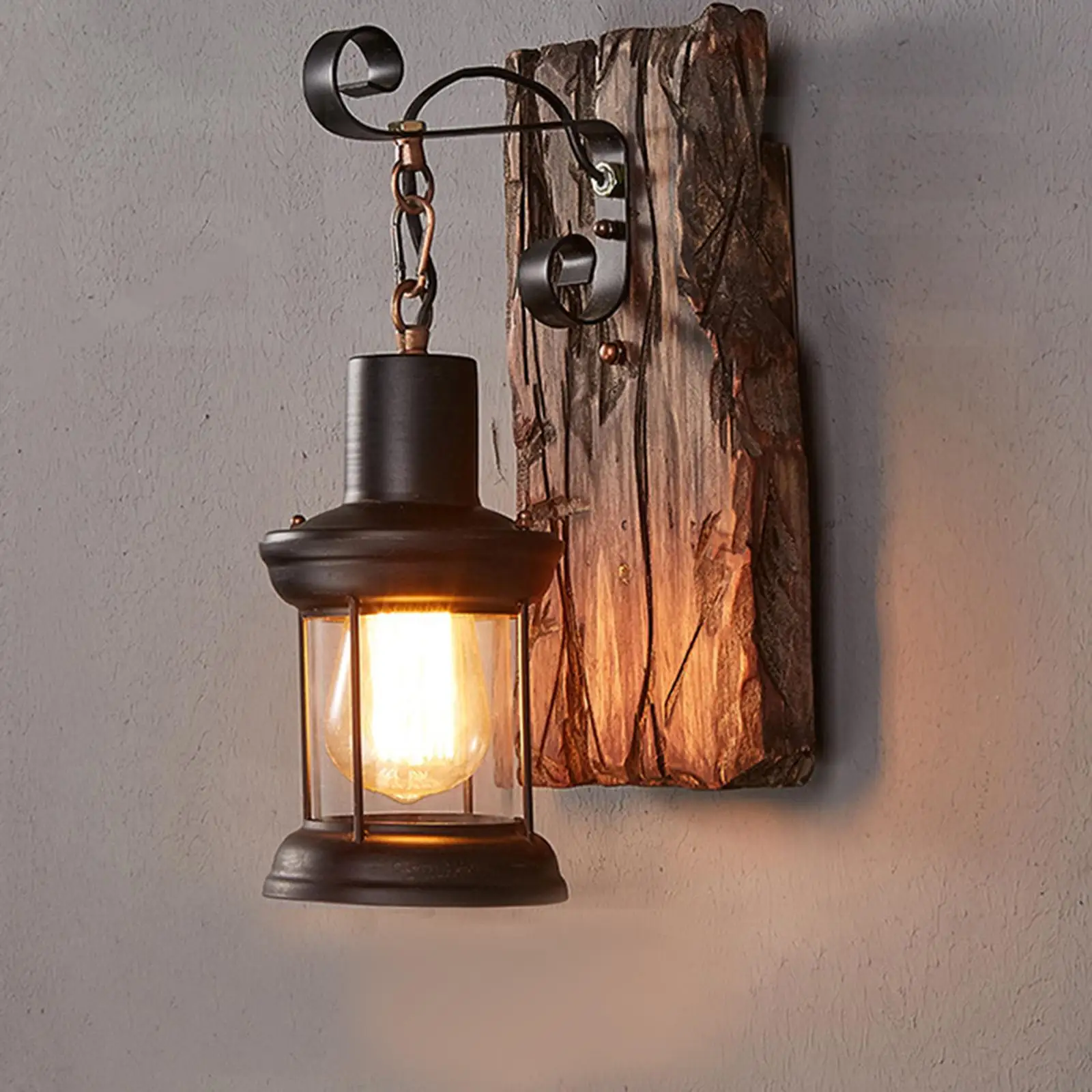 Single Head Industrial Wood Wall Sconce Light E27 Rustic Metal Iron Fixture Art