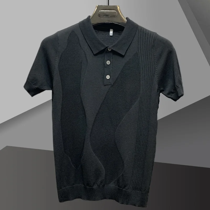 Black White Jacquard Lapel Polo Men's Knitwear Short Sleeved Bottomed Shirt Polo 2024 Summer Camisa Hombre Mannen Kleding