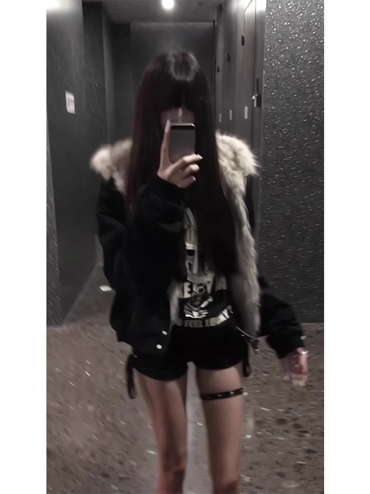 الأمريكية خمر أبلى سستة فو الفراء كم طويل لون نقي موضة جيب ثقافة فرعية لصق مقنعين Woamn 2025 الخريف