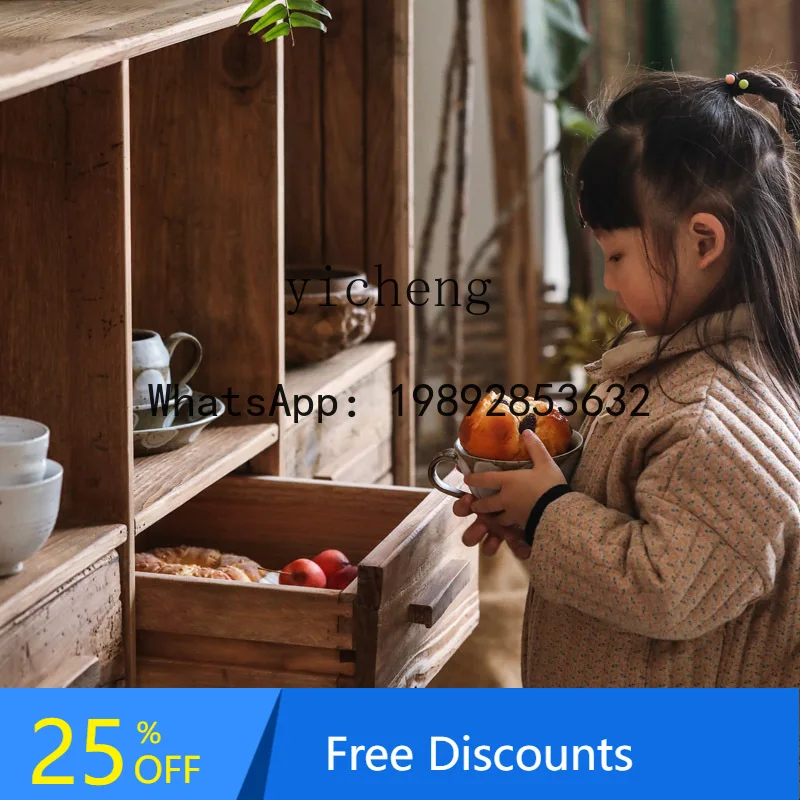 Solid Wood Six-Drawer Three-Bucket Entryway Cabinet Vintage Homestay Wabi-Sabi Style Wall-Mounted Solid Wood Sideboard