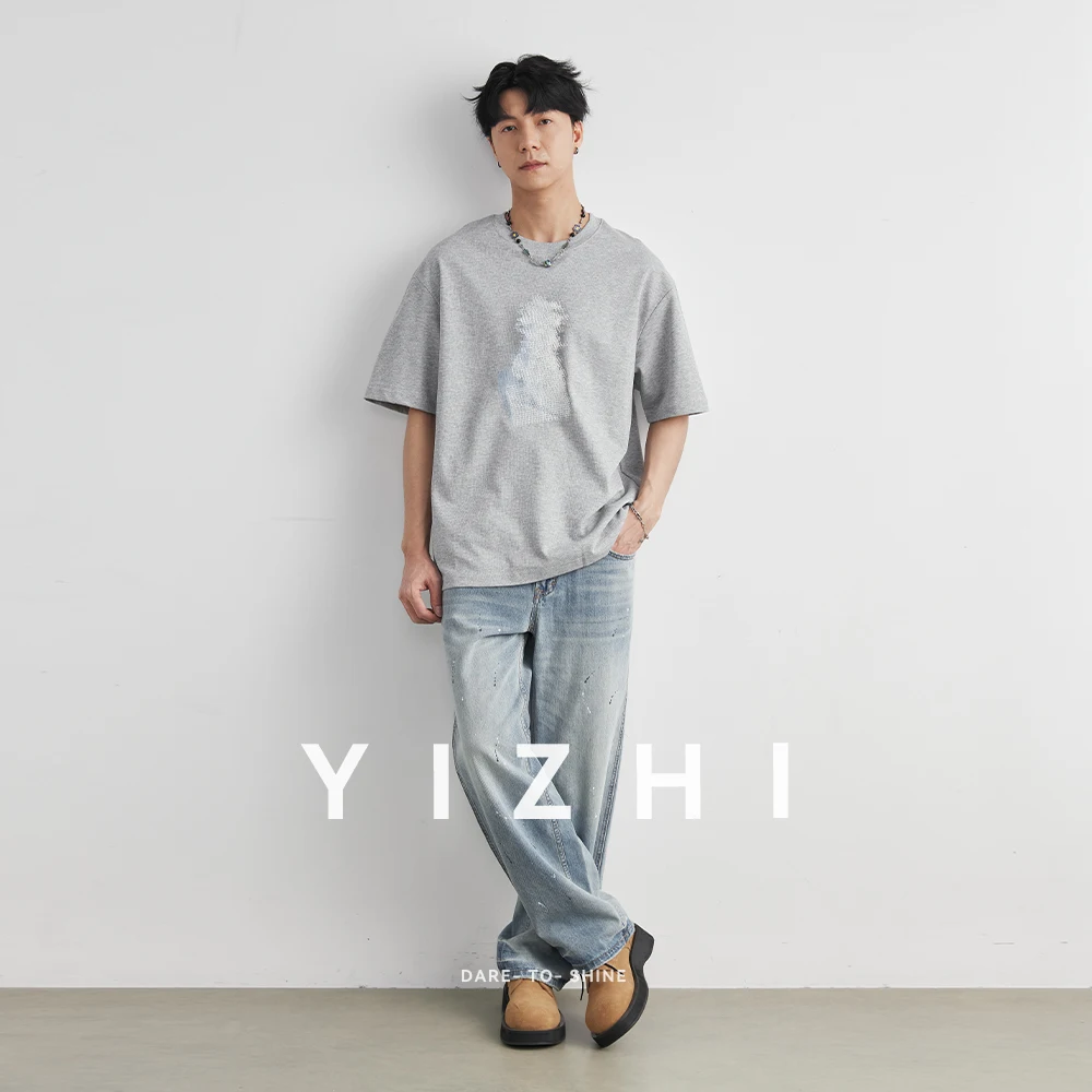 Men's Heavyweight 220g Cotton Gradient Grid T-Shirt, 2026 Summer Crew Neck Loose Street Fashion Breathable Short Sleeve