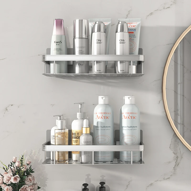 Prateleira do banheiro Sem Perfuração Adesivo Wall Mounted Rack Hanger Space Aluminium Makeup Organizer Armazenamento Praça Basket Bath Prateleiras