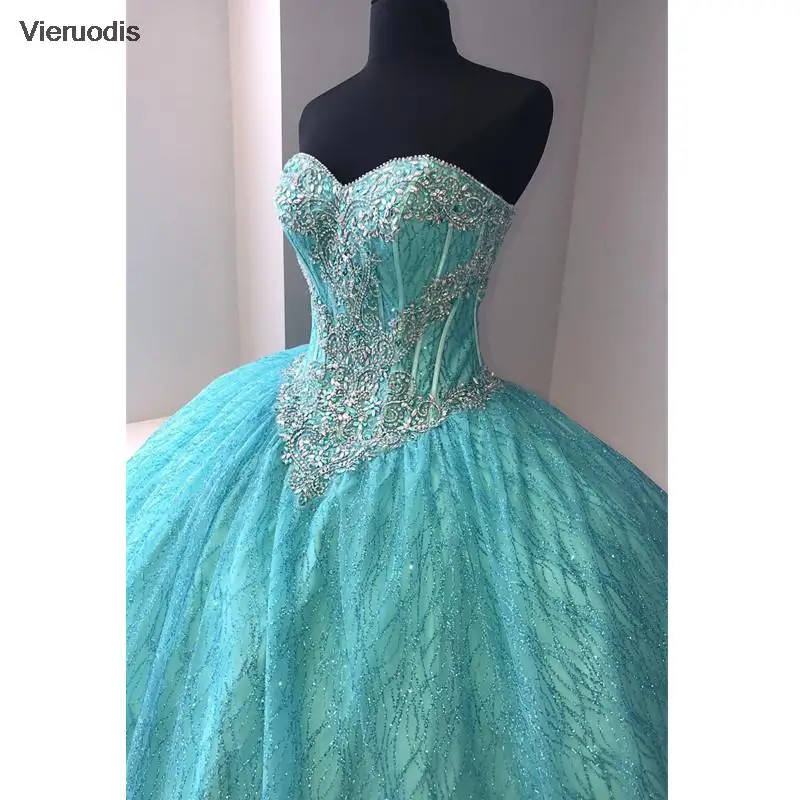 فساتين Quincea?era باللون الوردي اللامع والأزرق الحلو 16 مطرز بالترتر بدون أكمام فيستدو دي 15 Anos Quinceanera 2021 #4