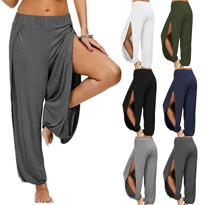 Summer High Slit Haren Pants for Women Sports Yoga Pants Solid Loose Hippie Harem Wide Leg Pants Trousers