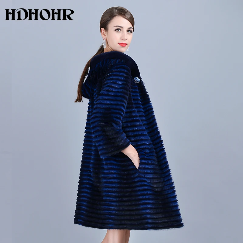 HDHOHR 2024 Hot Real Mink Fur Coat Women Natural Kintted Mink Fur Coats  Long Strip Warm Jackets Lady Full Length Real Fur Coat