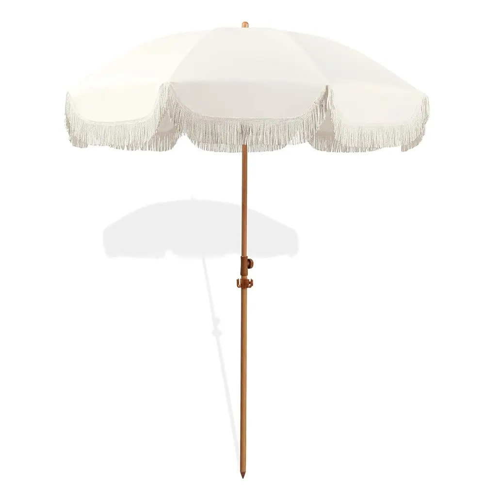 

7.5Ft Patio Umbrella With Fringe, Beach Umbrella, Fringe Umbrella Outdoor Patio With Hanging Hook, Tilting Aluminum Pole, Uv