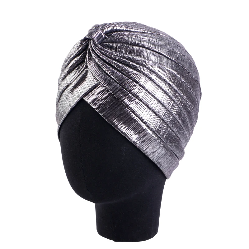 New Women Metallic Turban Head Wrap Hat Gold Silver Muslim Inner Hijabs Pleated Indian Cap Beanie Hat Ladies Hair Loss Headscarf