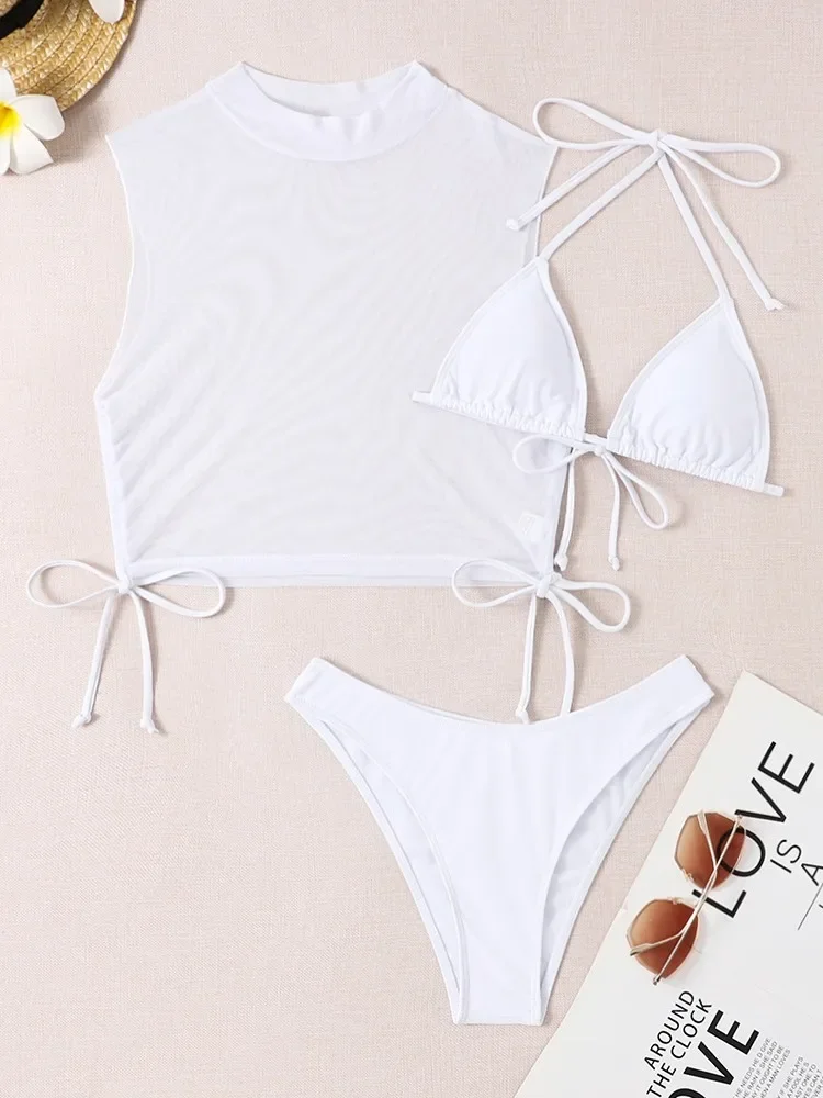 Sexy White Black Lace Mesh Bikini Set Three Pieces Women Swimwear High Neck Bandage Swimsuit Cover Up Bathing Suit High Cut