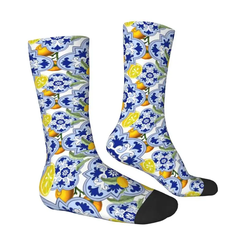 Custom Summer Citrus Lemons Fruit Sicilian Tiles Dress Socks for Men Women Warm Fashion Novelty Crew Socks