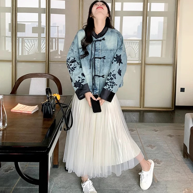 Nouveau Style chinois mode femmes Denim manteau automne épissage impression Denim vestes