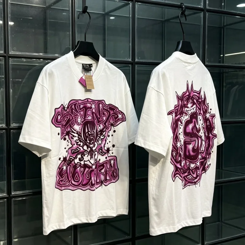 Purple Rhinestone Letter Graffiti Pattern Circular Thorn Logo Saint Tshirts Men Women Cotton Round Neck Short Sleeve Streetwear
