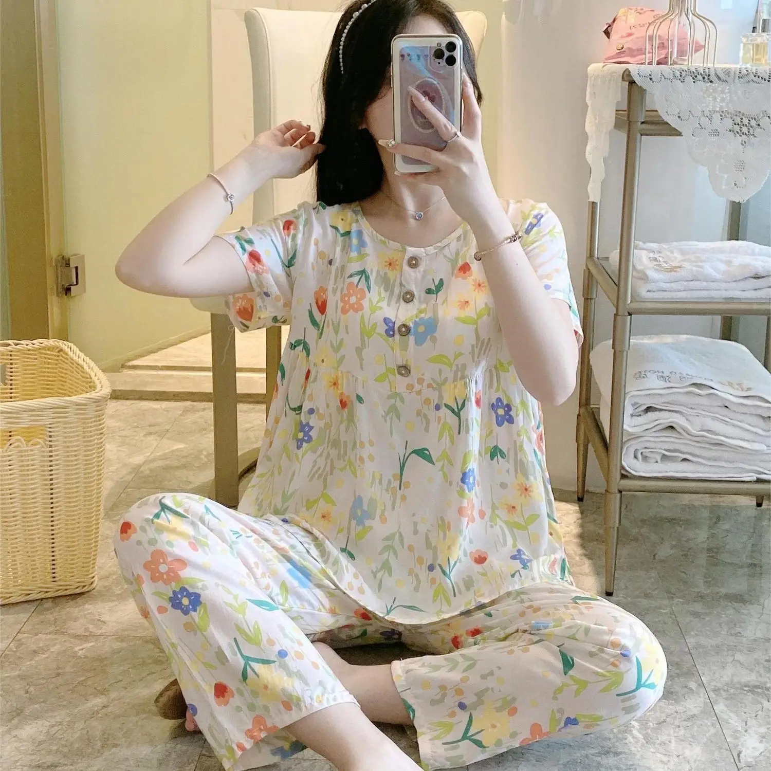 Thin Cotton Silk Sleepwear Women\'s Set Summer New Large Size Loose Air-conditioned Suit Korean Sweet Home Clothes Set for Women