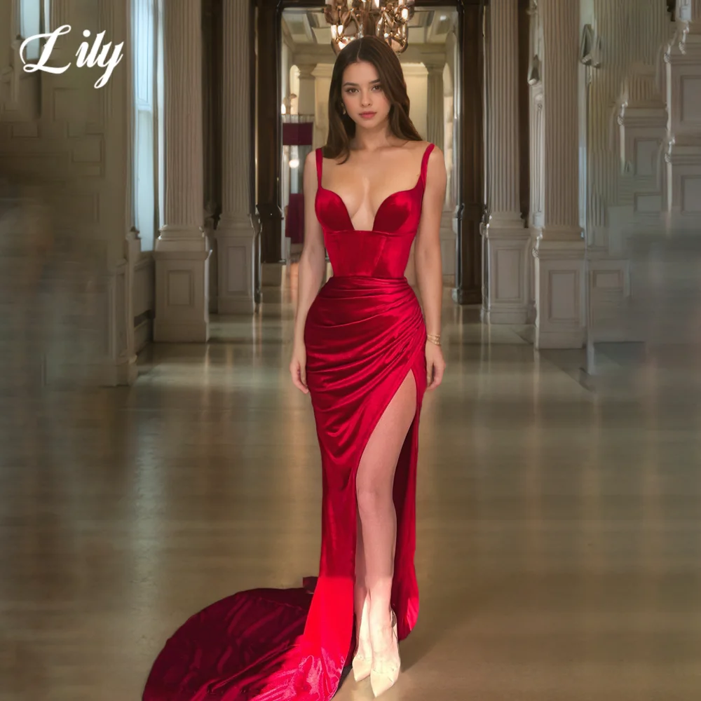 

Lily Red Sexy Prom Dress V-Neck Spaghetti Straps Celebrity Dresses with Fishbone Velvet Side High Split Formal Gown Customized