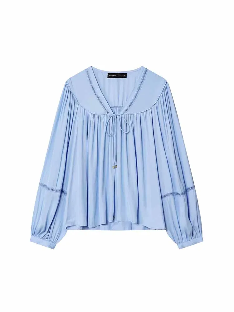เสื้อเชิ้ตผ้าลูกไม้ทรงยาว คอวี แขนยาว สไตล์ยุโรปและอเมริกา แฟชั่นฤดูใบไม้ร่วงใหม่ เสื้อผ้าผู้หญิงลำลองอเนกประสงค์