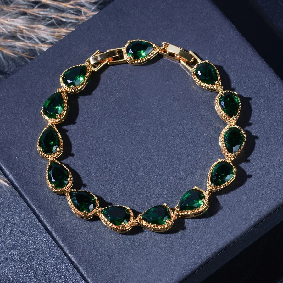 Elegant Green Zirconia 18K Gold Plated Water Drop Wedding  Jewelry Sets for Women Earrings Necklace Ring Bracelet