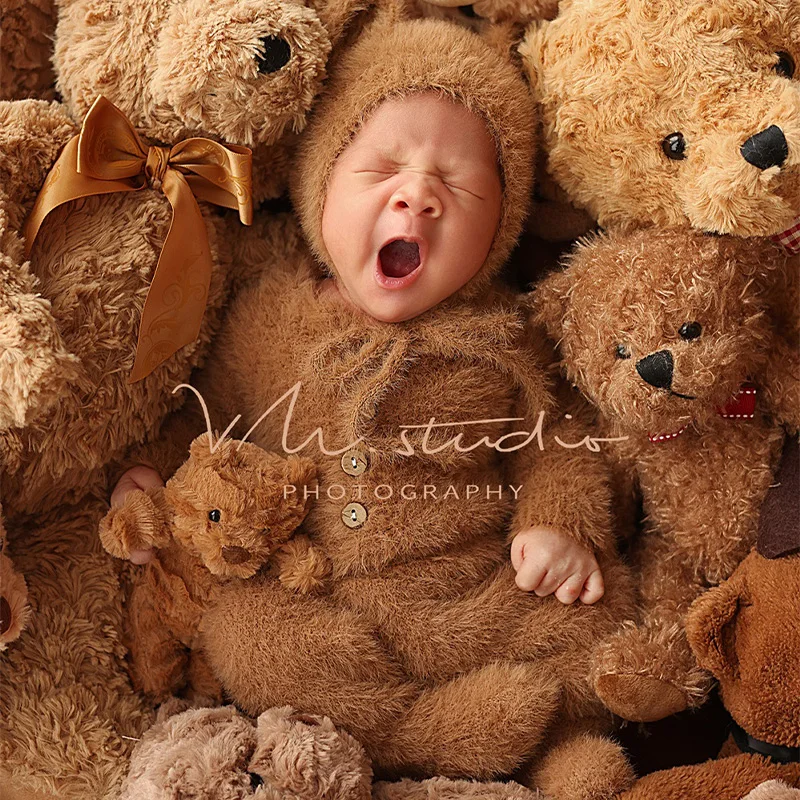 Bear Newborn Outfits Photography Lovely Knitted Jumpsuits Hat With Ears Cute Teddy Bear Soothing Dolls Studios Photography Props