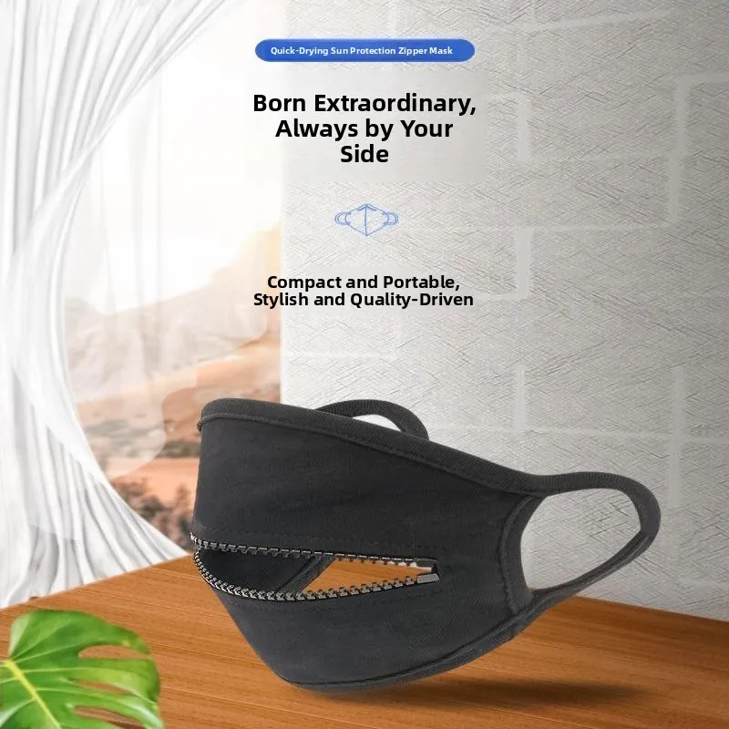 Black Zippered Quick Dry Breathable Dustproof Drinking Water Face Mask Unisex Drawstring Urban Fog Medical Environment Suitable