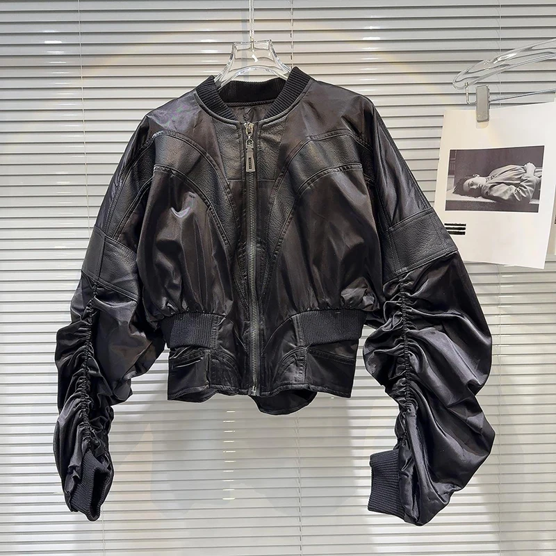 

Spring new sweet and cool spicy girl PU leather patchwork pleated sleeve jacket women baseball fashion street short jacket