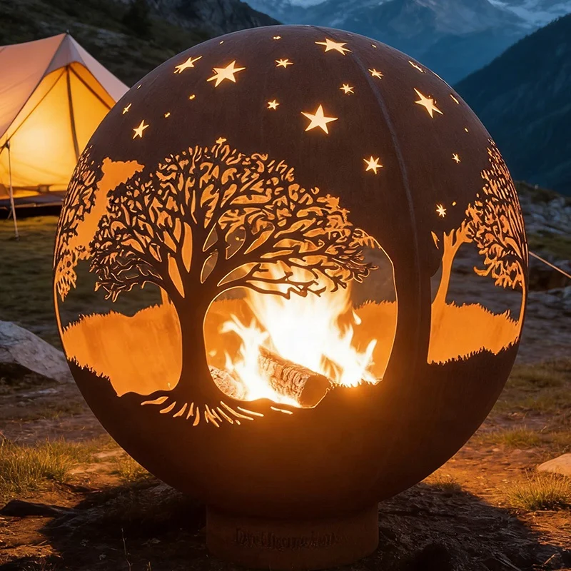 Weathering Steel Fire Globe with Tree and Star Patterns Outdoor Wood Burning Fire Pit for Patio & Camping