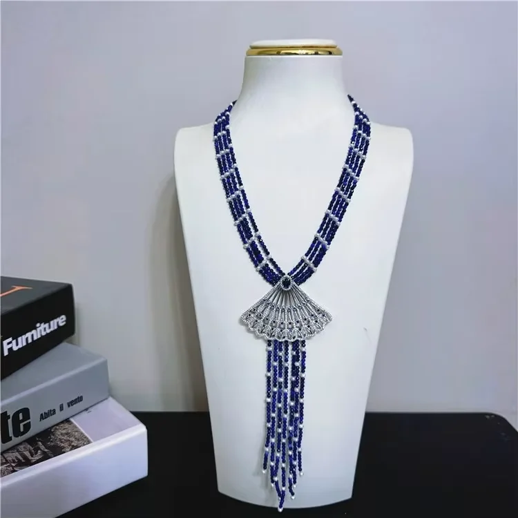 

Natural lapis lazuli inlaid with small pearl necklace CZ Pendent