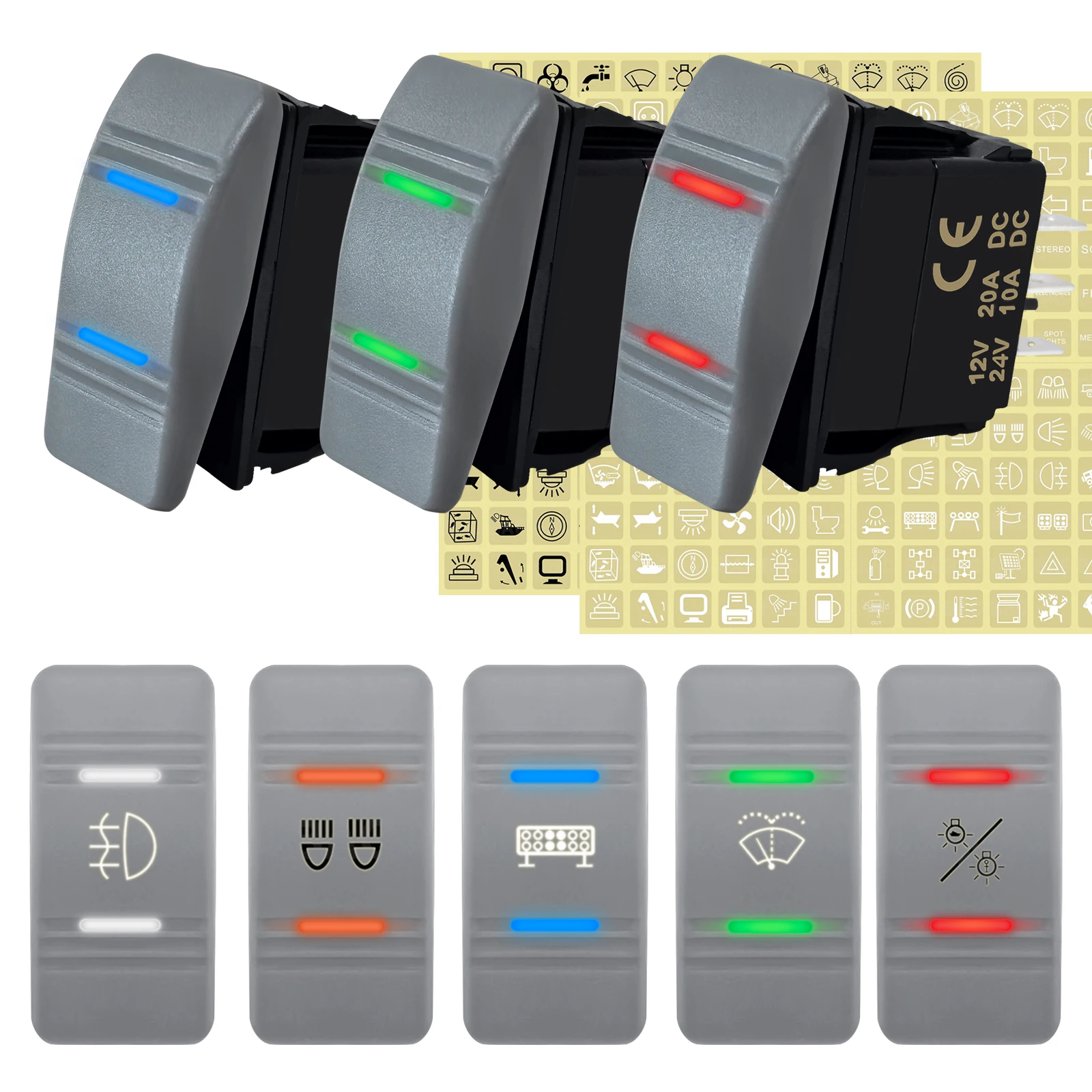 Waterproof Rocker Switch Toggle On-Off-On 12V/20A 24V/10A 7Pin DPDT Blue LED Light for Marine Boat Car Truck Trailer 4x4 Caravan