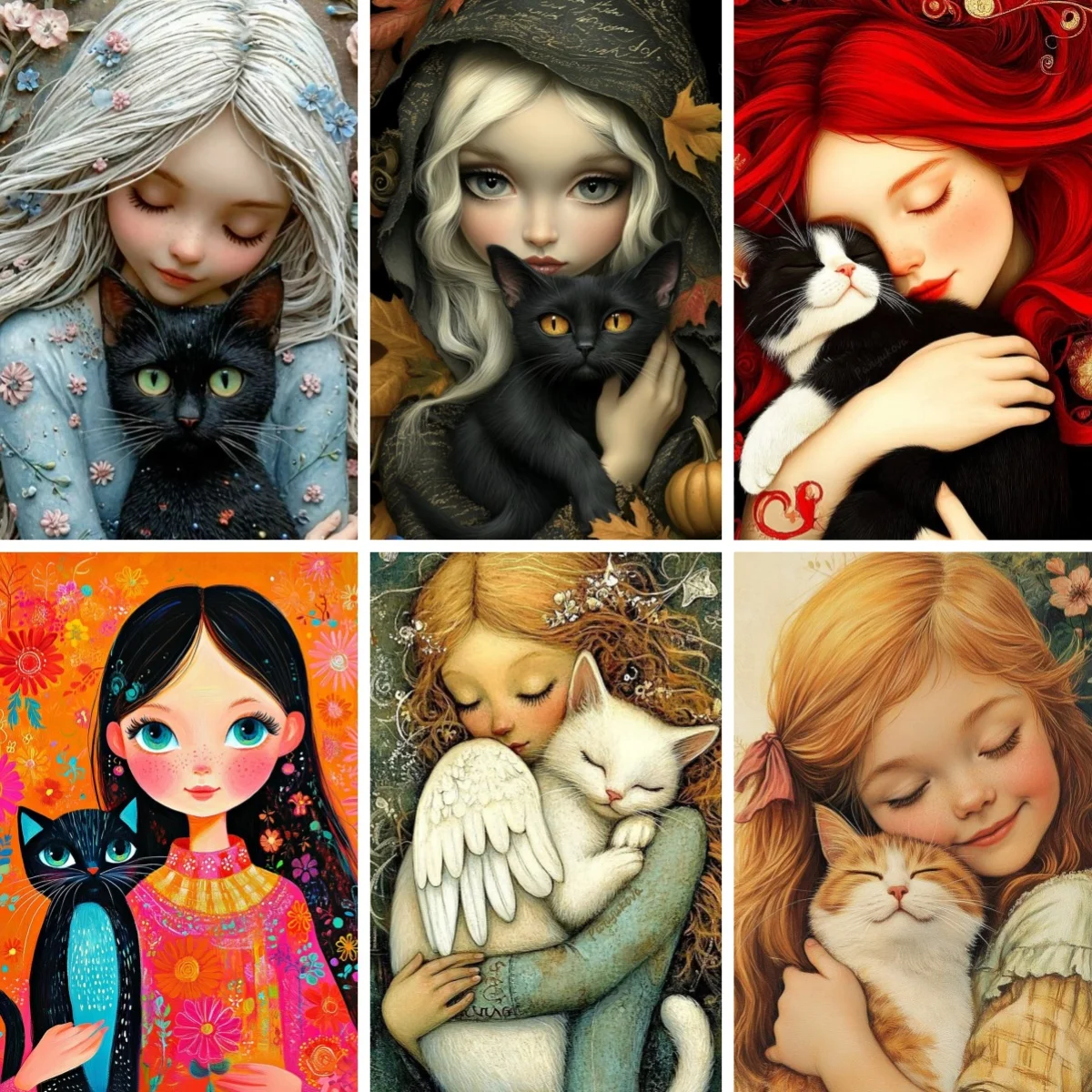 

Full Square Diamond Embroidery Girl Hugging Black Cat Halloween Crafts Whimsical Hug Mosaic Diamond Painting Cross-stitch