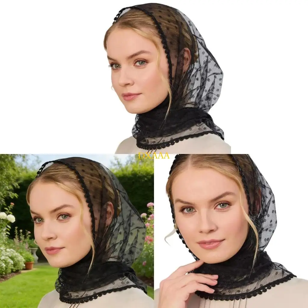 

DXAA Modern Black Lace Dot Head Covering Scarf Hijab For Weddings And Parties