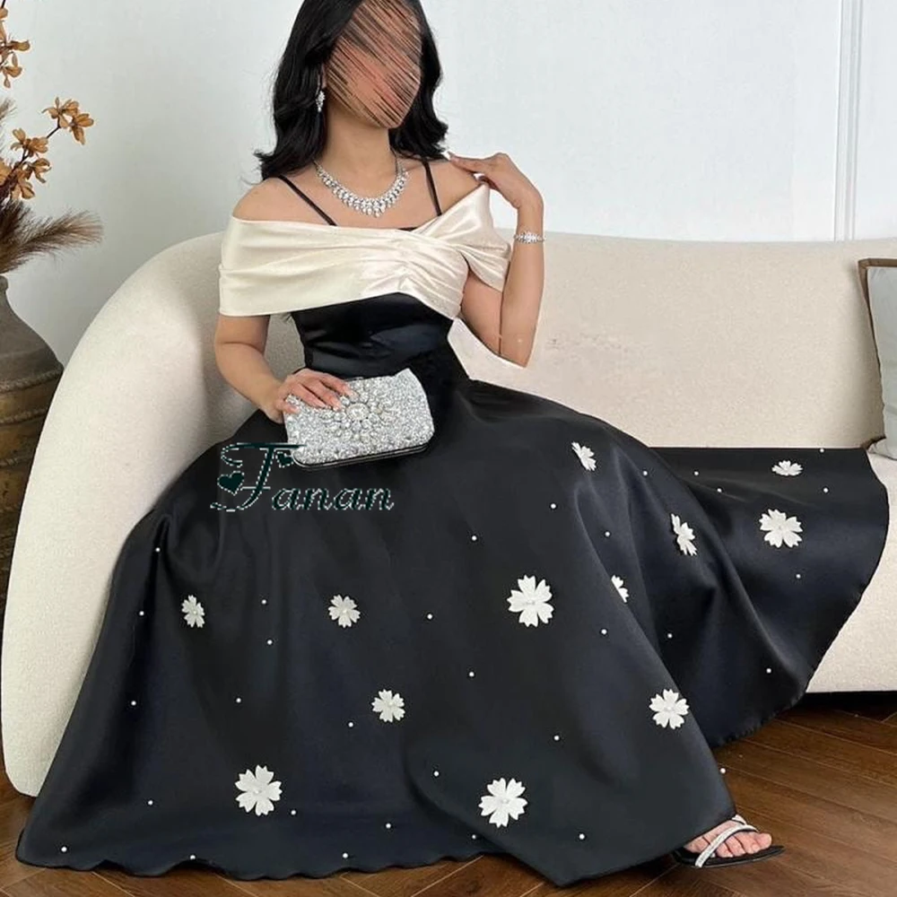 Customized Off the Shoulder Black Satin Evening Dress Sleeveless With Appliques Party Dress A-line Tea-Length Prom Gown
