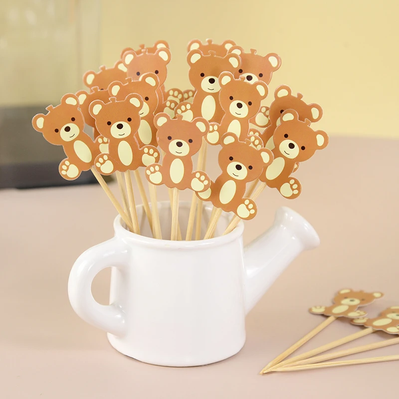 20pcs Cute Bear Disposable Bamboo Buffet Food Picks Cartoon Dessert Fruit Forks For Birthday Baby Shower Party Cake Sticks Decor