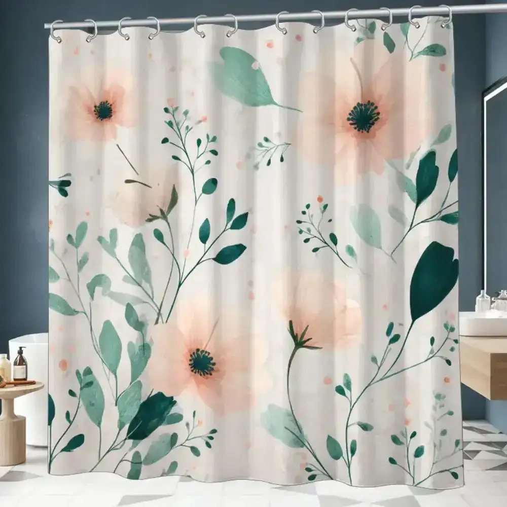 

Light peach-green watercolor floral shower curtain, polyester fabric, machine washable, with hooks, suitable for bathroom décor.