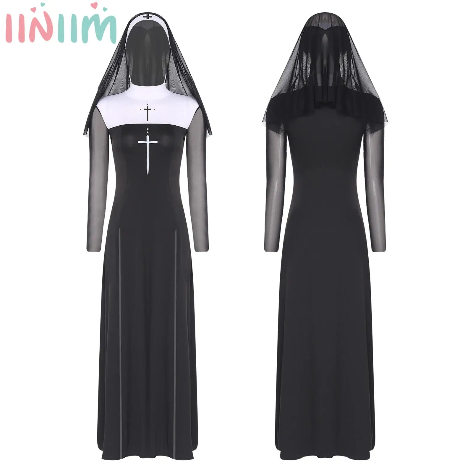 

Женское платье монахини для косплея с вуалью и крестообразным принтом, сетчатое платье с длинными рукавами и разрезом по подолу, с прикрепленной вуалью, карнавальное нарядное платье